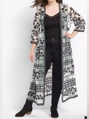 Lane Bryant Sheer Embroidered Maxi Duster in Black and Cream